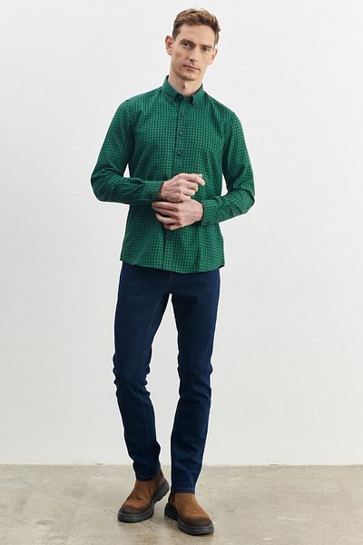ALTINYILDIZ CLASSICS Férfi zöld-tengerkék karcsú, keskeny vágású gombos gallér Gingham flanel favágó ing