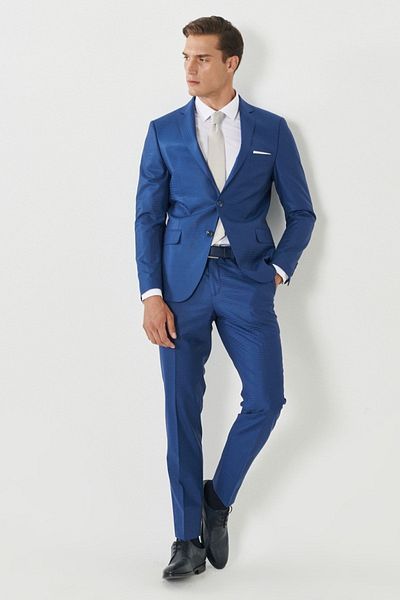 ALTINYILDIZ CLASSICS Costum albastru în carouri pentru bărbați, lână Eksta, slim fit, cu guler mono