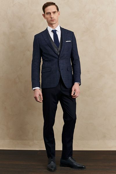 ALTINYILDIZ CLASSICS Men's Navy Blue Slim Fit Slim Fit Mono Collar Patterned Vest Suit