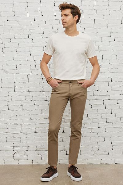 ALTINYILDIZ CLASSICS Béžové pánské kalhoty Slim Fit 5 Pocket Dobby Flexibilní