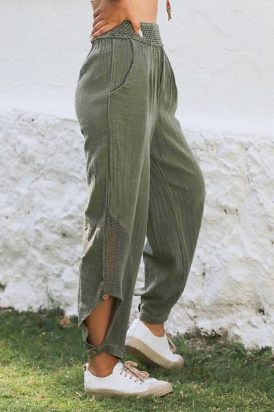 Chiccy Khaki Woven - Washed Waist Jogger Casual Trousers with Pockets and Mesh Detail
