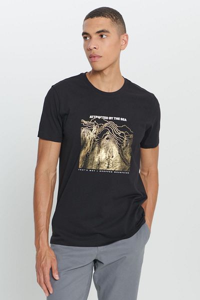 AC&Co / Altınyıldız Classics Schwarzes T-Shirt mit Rundhalsausschnitt und Standard-Passform für Herren, 100 % Baumwolle, bedruckt, regulärer Schnitt