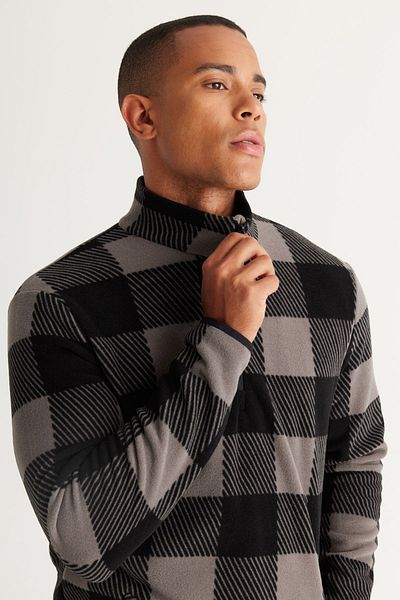 AC&Co / Altınyıldız Classics Grau-schwarzes Standard-Fit-Fleece-Sweatshirt mit normalem Schnitt und Bato-Kragen für Herren