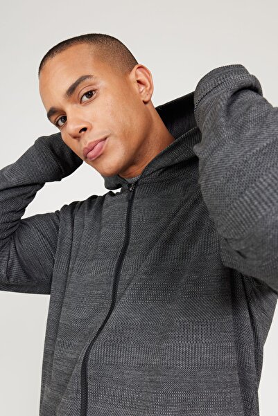 AC&Co / Altınyıldız Classics Erkek Siyah-gri Standart Fit Normal Kesim Kapüşonlu Fermuarlı Sweatshirt Ceket