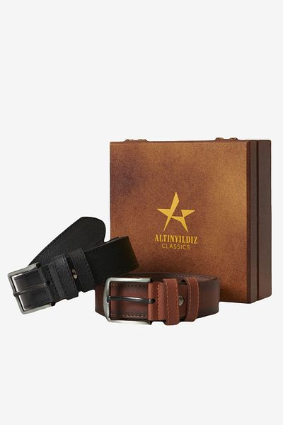 ALTINYILDIZ CLASSICS Herren-Set mit 2 Denim-Gürteln in Geschenkbox in Schwarz-Braun, besonderes Geschenkset für den Bräutigam