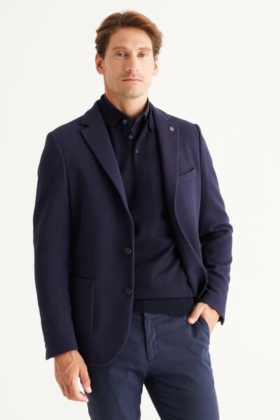 AC&Co / Altınyıldız Classics Men's Navy Blue Slim Fit Slim Fit Mono Collar Cotton Patterned Blazer Jacket