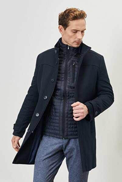 ALTINYILDIZ CLASSICS Férfi sötétkék normál szabású, normál szabású állványgallér, gyapjú mandzsetta felöltő