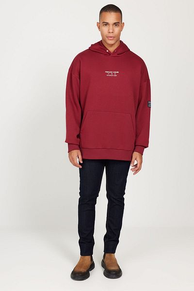 AC&Co / Altınyıldız Classics Pánská klaretová červená oversize mikina volného střihu, s kapucí, 3 vlákna, bavlněná mikina