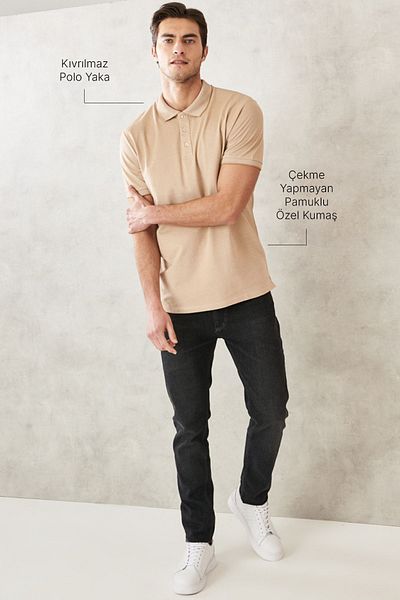 AC&Co / Altınyıldız Classics Ανδρικό μπλουζάκι με γιακά polo - Βαμβακερό που δεν συρρικνώνεται, λεπτή εφαρμογή, ανοιχτό μπεζ-λευκό, χωρίς μπούκλες