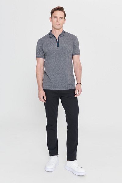ALTINYILDIZ CLASSICS Pánské antracitovo-melanžové Slim Fit Úzký střih Polokošile na zip Bavlněné tričko s krátkým rukávem