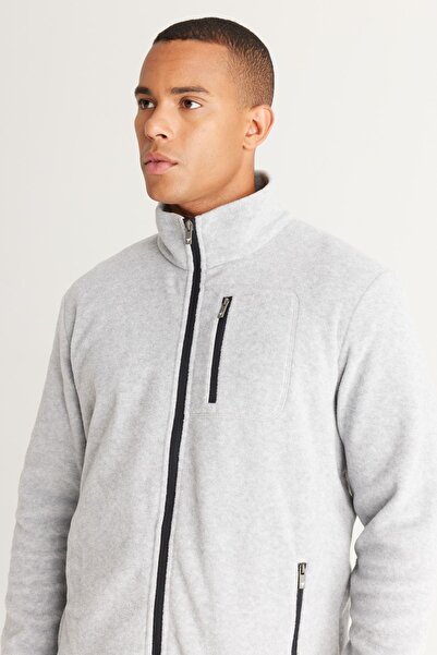 AC&Co / Altınyıldız Classics Men's Gray Melange Standard Fit Stand-Up Bato Collar Pocket Zipper Cold Proof Sweatshirt Fleece Jacket