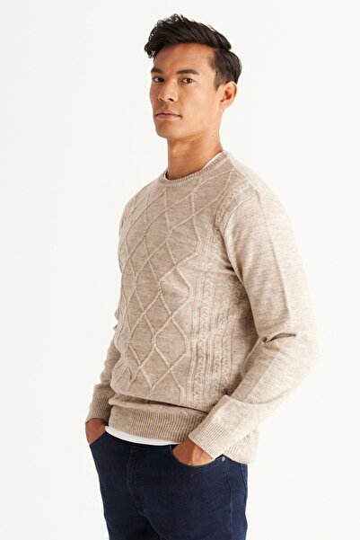 ALTINYILDIZ CLASSICS Erkek Bej Melanj Standart Fit Normal Kesim Bisiklet Yaka Şardonlu Yumuşak Dokulu Triko Kazak