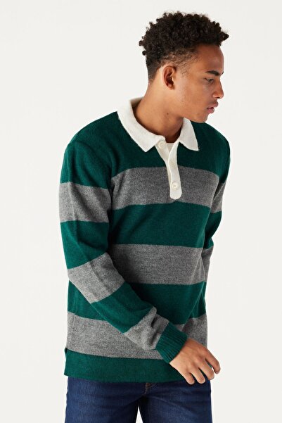 AC&Co / Altınyıldız Classics Ανδρικό πλεκτό πουλόβερ με μαλακή υφή, κανονική κοπή με λαιμόκοψη πόλο με ριγέ ανασηκωμένο