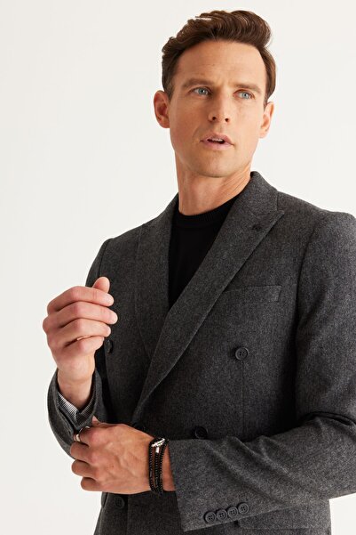 ALTINYILDIZ CLASSICS Μαύρο Slim Fit Wool Double Breasted Blazer - Swallow Collar, Slim Fit