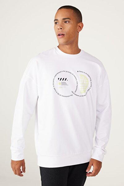 AC&Co / Altınyıldız Classics Pánská bílá oversize mikina s volným střihem a výstřihem z bavlny s potiskem
