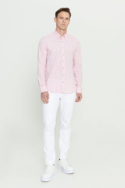 ALTINYILDIZ CLASSICS Men's Claret Red Slim Fit Narrow Cut Button Collar Linen Look 100% Cotton Flared Shirt