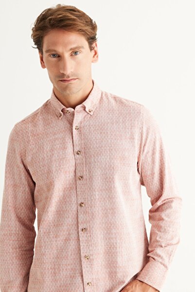 AC&Co / Altınyıldız Classics Ανδρικό καφέ Slim Fit Slim Fit 100% βαμβακερό γιακά με κουμπί Dobby πουκάμισο