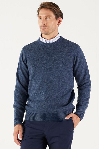 AC&Co / Altınyıldız Classics Pulover pentru bărbați, albastru, din lână, cu croială obișnuită, cu decolteu, jacquard