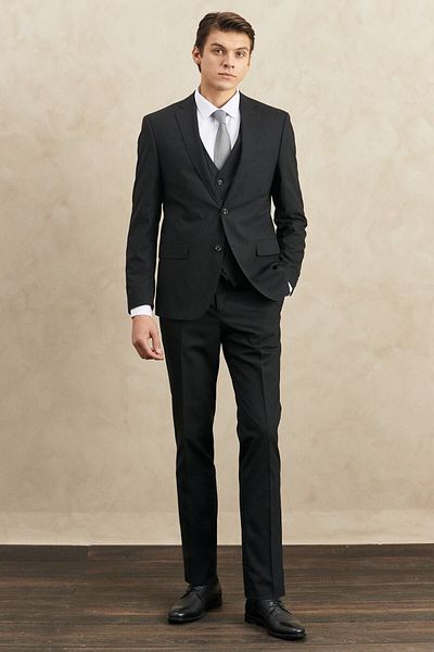 ALTINYILDIZ CLASSICS Black Slim Fit Men's Suit - Mono Collar, Woolen Vest, Water and Stain Resistant Nano