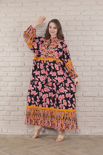 mervemoda Γυναικείο φόρεμα Plus Size - Μπροστινό με κουμπιά και ύφανση