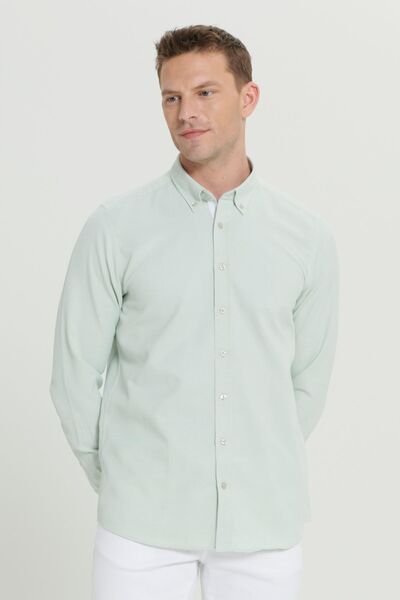 ALTINYILDIZ CLASSICS Erkek Yeşil Slim Fit Dar Kesim Düğmeli Yaka Armürlü Pamuklu Gömlek