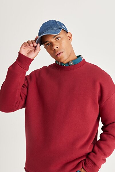 AC&Co / Altınyıldız Classics Men's Burgundy Fleece Oversize Cotton Sweatshirt - 3 Thread, Crew Neck