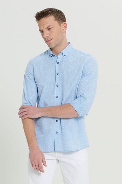 AC&Co / Altınyıldız Classics Men's Light Blue Slim Fit Slim Fit 100% Cotton Dobby Button Collar Casual Shirt
