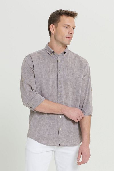 AC&Co / Altınyıldız Classics Braunes Leinenhemd für Herren im Comfort Fit - geknöpfter Kragen, entspannte Passform