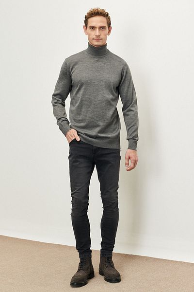 ALTINYILDIZ CLASSICS Men's Gray Melange Non-Pilling, Anti-Pilling Featured Standard Fit Full Turtleneck Knitwear Sweater