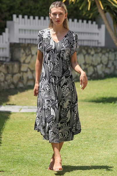 Chiccy V-Neck Black-White Allover Printed Woven Casual Dress - Low Sleeve