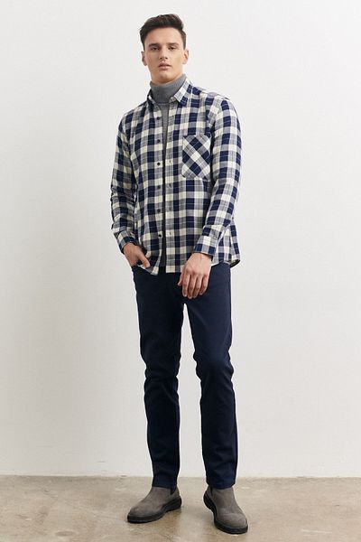 AC&Co / Altınyıldız Classics Pánská tmavě modrá-béžová Slim Fit Slim Fit Knoflíkový límec 100% bavlna kostkovaná dřevorubecká košile
