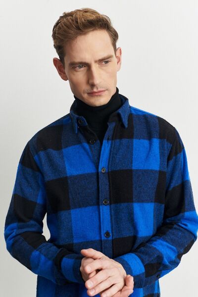 AC&Co / Altınyıldız Classics Men's Saks-black Comfort Fit Relaxed Cut Button Collar Plaid Patterned Winter Shirt Jacket