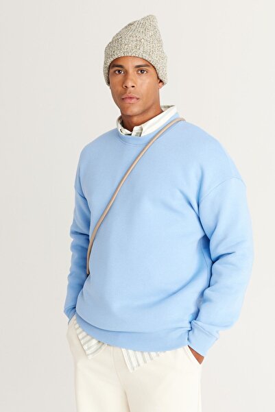 AC&Co / Altınyıldız Classics Pánská světle modrá fleecová oversize bavlněná mikina - Crew Neck 3 Thread