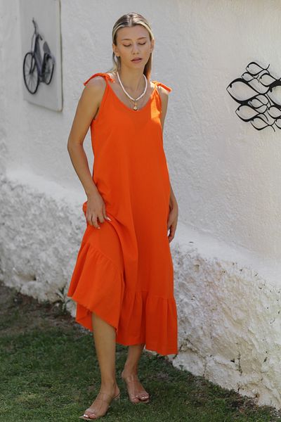 Chiccy Fusta portocalie cu volane cu bretele Rochie casual din bumbac spalat