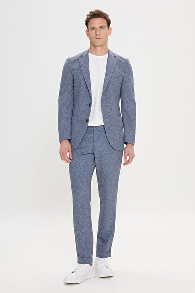 ALTINYILDIZ CLASSICS Men's Navy Blue Slim Fit Slim Fit Mono Collar Tie Waist Patterned Suit