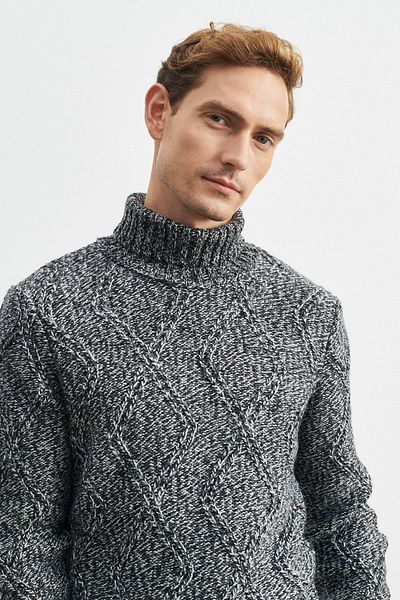 ALTINYILDIZ CLASSICS Men's Anthracite Standard Fit Regular Cut Full Turtleneck Jacquard Thick Knitwear Sweater