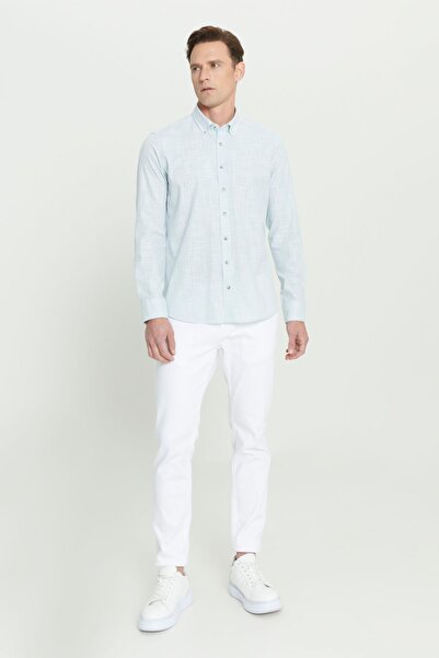 ALTINYILDIZ CLASSICS Men's Khaki Slim Fit Narrow Cut Button Collar Linen Look 100% Cotton Flared Shirt