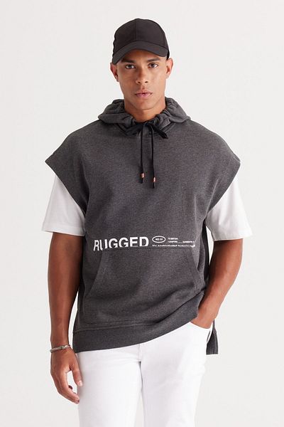 AC&Co / Altınyıldız Classics Herren-Sweatshirt mit Kapuze, Anthrazit-Melange, lockere Passform, 3-fädig, bedruckt