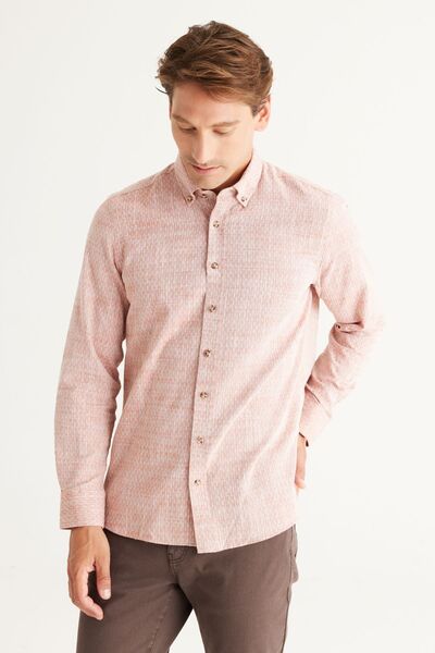 AC&Co / Altınyıldız Classics Ανδρικό καφέ Slim Fit Slim Fit 100% βαμβακερό γιακά με κουμπί Dobby πουκάμισο