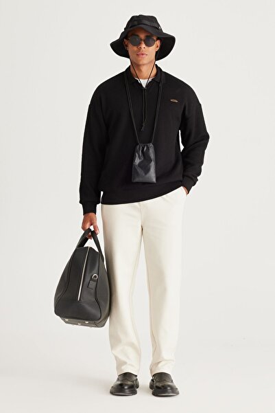 AC&Co / Altınyıldız Classics Men's Black Loose Fit 3 Thread Polo Collar Jacquard Sweatshirt with Fleece Inside