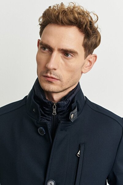 ALTINYILDIZ CLASSICS Men's Navy Blue Standard Fit Normal Cut Woolen Winter Coat with Leather Vest