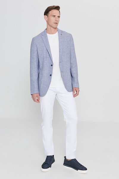 AC&Co / Altınyıldız Classics Herren Blazer, Slim Fit, Marineblau, Leinen, gemustert, Monokragen, Tasche, Tasche