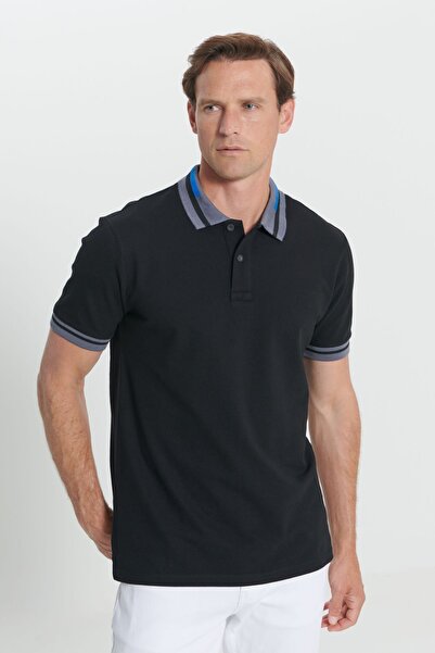 AC&Co / Altınyıldız Classics Pánské černé tričko Slim Fit úzkého střihu, 100% bavlna, nerolovatelné polo tričko s výstřihem