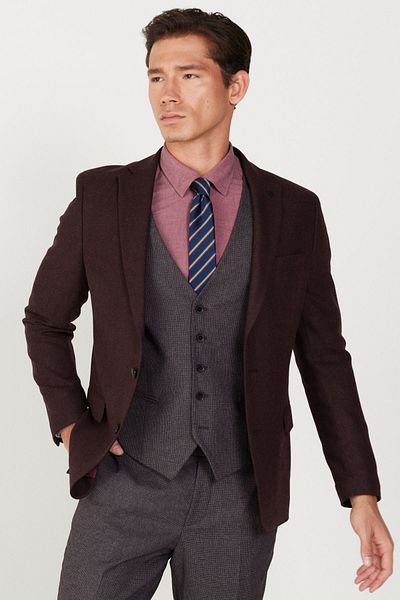 ALTINYILDIZ CLASSICS Men's Burgundy-Gray Wool Slim Fit Slim Fit Mono Collar Print Vest Suit