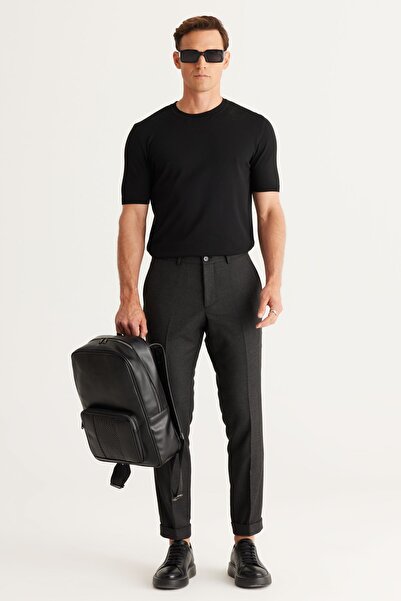 ALTINYILDIZ CLASSICS Pánské antracitové kalhoty úzkého střihu se vzorem ptačích očí v pase s elastickým vázáním