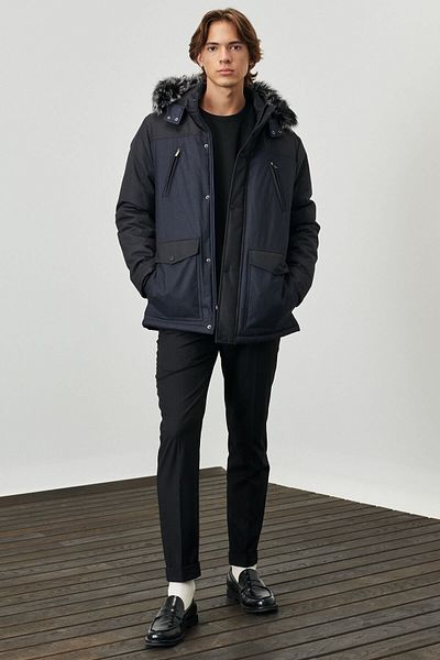 AC&Co / Altınyıldız Classics Ανδρικό παλτό Anthracite-Navy Blue Standard Εφαρμογή κανονικής κοπής με κουκούλα με μοτίβο