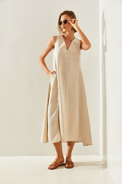 Bianco Lucci Φόρεμα V-Neck Slit Fr033 Basic Linen - με τσέπη,60251435