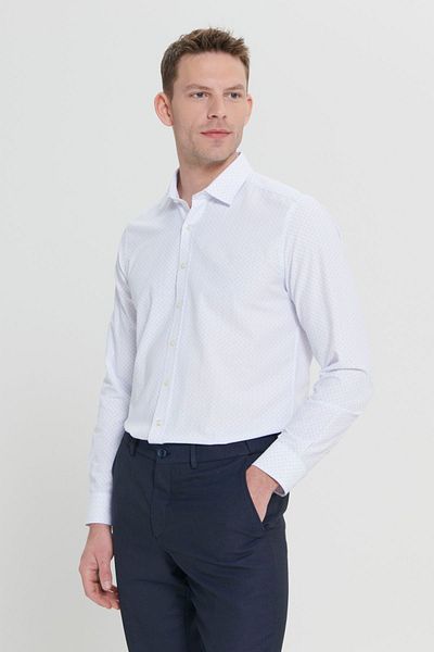 ALTINYILDIZ CLASSICS Weiß-blaues Slim Fit-Hemd für Herren aus Baumwoll-Dobby mit klassischem Kragen
