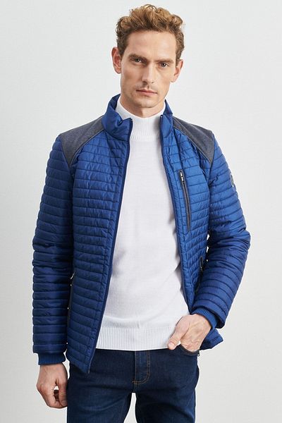 AC&Co / Altınyıldız Classics Pánský kabát Indigo Standard Fit Regular Střih, odolný vůči chladnému počasí, vzorovaný Puffer Coat