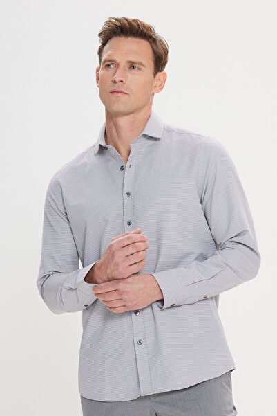 ALTINYILDIZ CLASSICS Erkek Gri Slim Fit Dar Kesim Klasik Yaka Pamuklu Armürlü Gömlek
